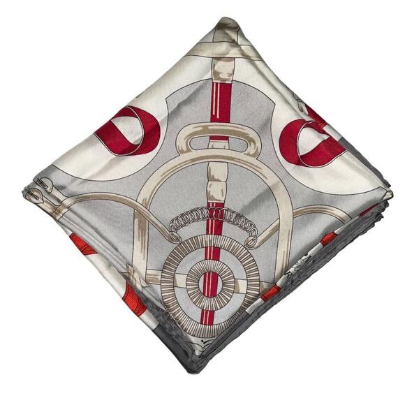 HERMES Carre "Eperon d’or" Silk Gray White Red 100% Silk Scarf 90cm Square - Picture 5 of 16